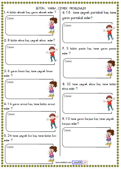 2. Sınıf Matematik Bütün , Yarım ve Çeyrek Problemleri Etkinliği