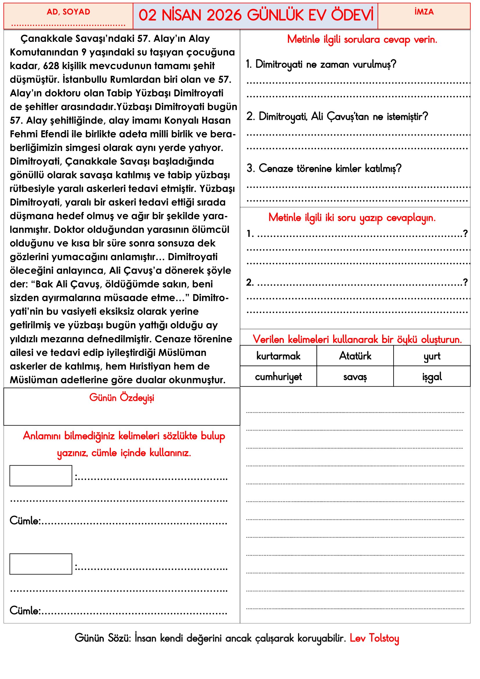 3.Sınıf - 02 Nisan 2026 Günlük Ev Ödevleri