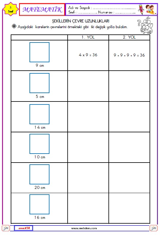 3. Sınıf Matematik Şekillerin Çevre Uzunlukları Etkinliği 8