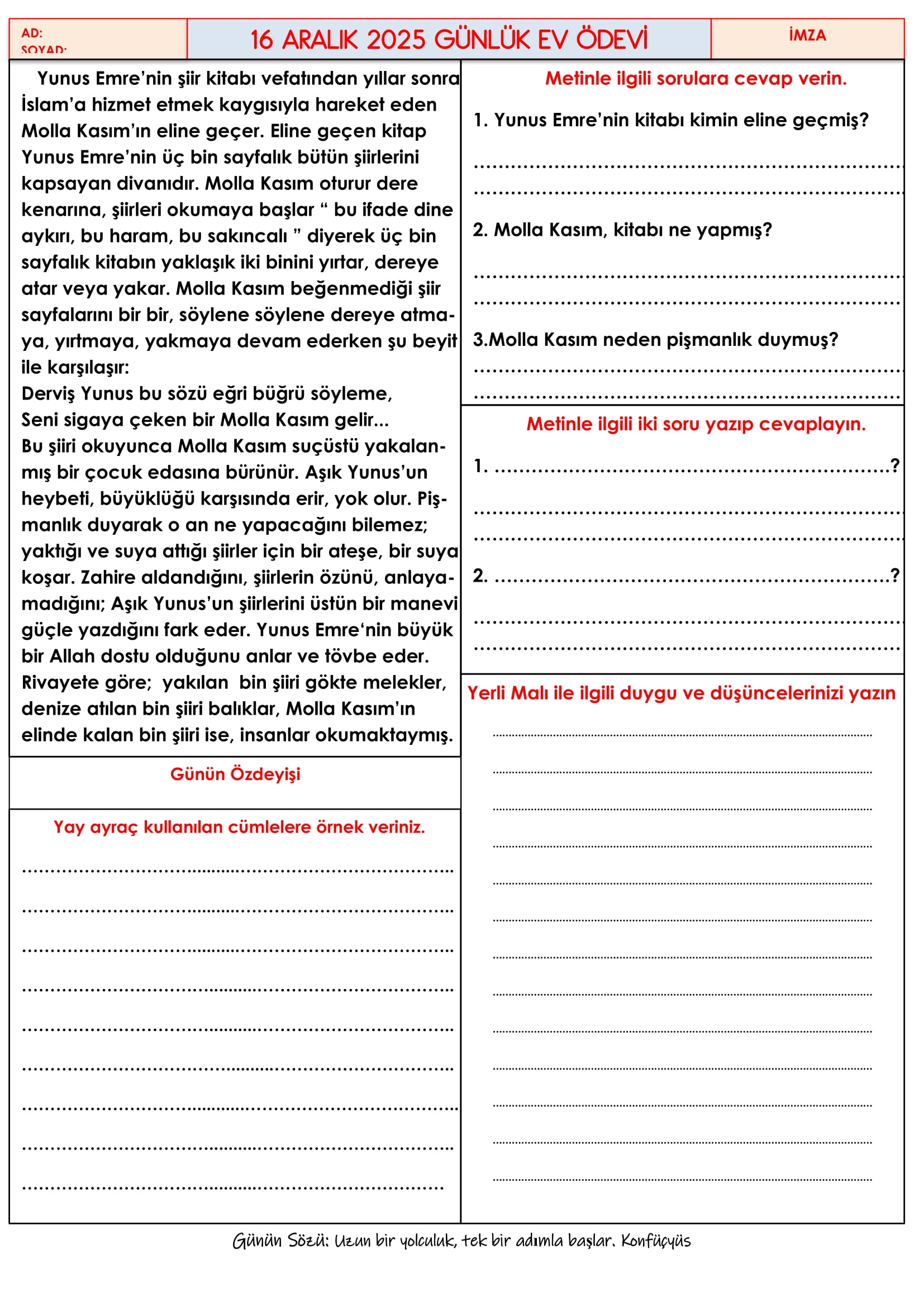 4.Sınıf - 16 Aralık 2025 Günlük Ev Ödevleri