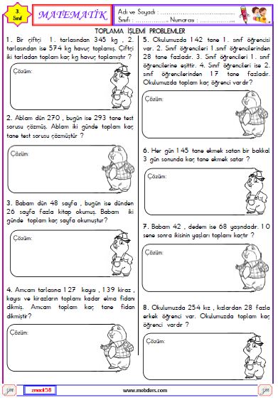 3. Sınıf MatematikToplama İşlemi İle İlgili Problemler  Etkinliği 2