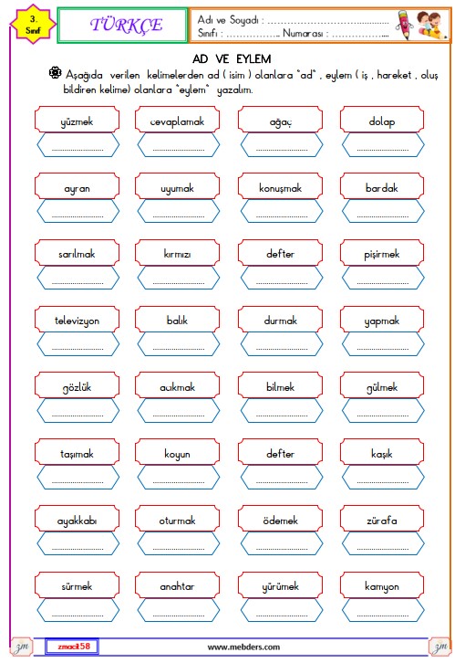 3. Sınıf Türkçe Ad ve Eylem Etkinliği