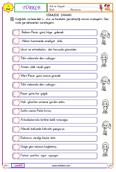 3. Sınıf Türkçe Cümlede Zaman Etkinliği 1