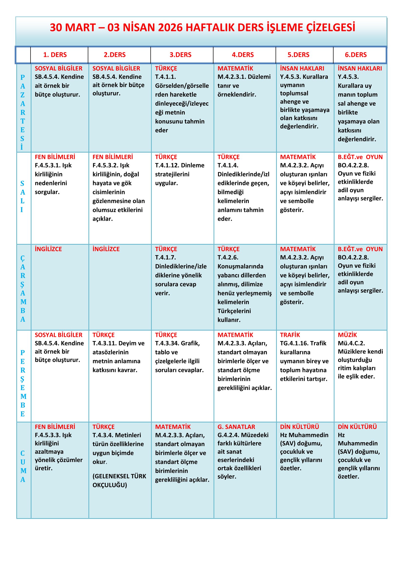4.Sınıf 30 Mart - 03 Nisan 2026 Haftalık Ders İşleme Çizelgesi.doc