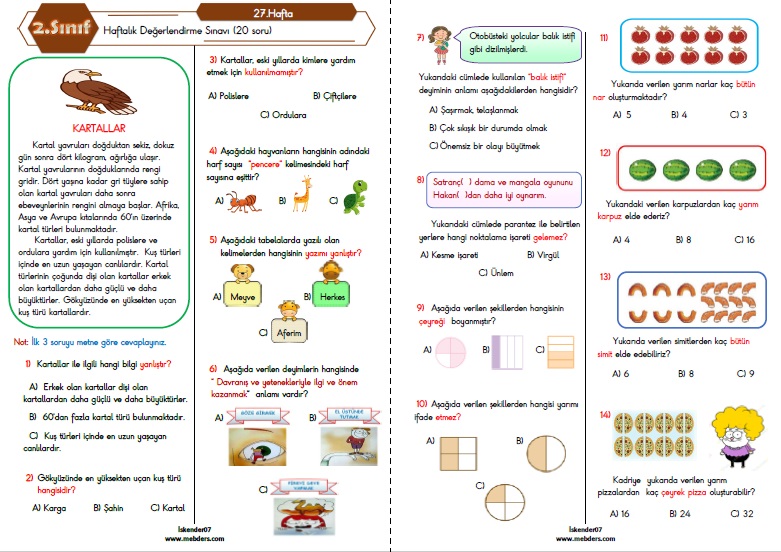 2.Sınıf Haftalık Değerlendirme Testi - 27.Hafta (03-07 Nisan)