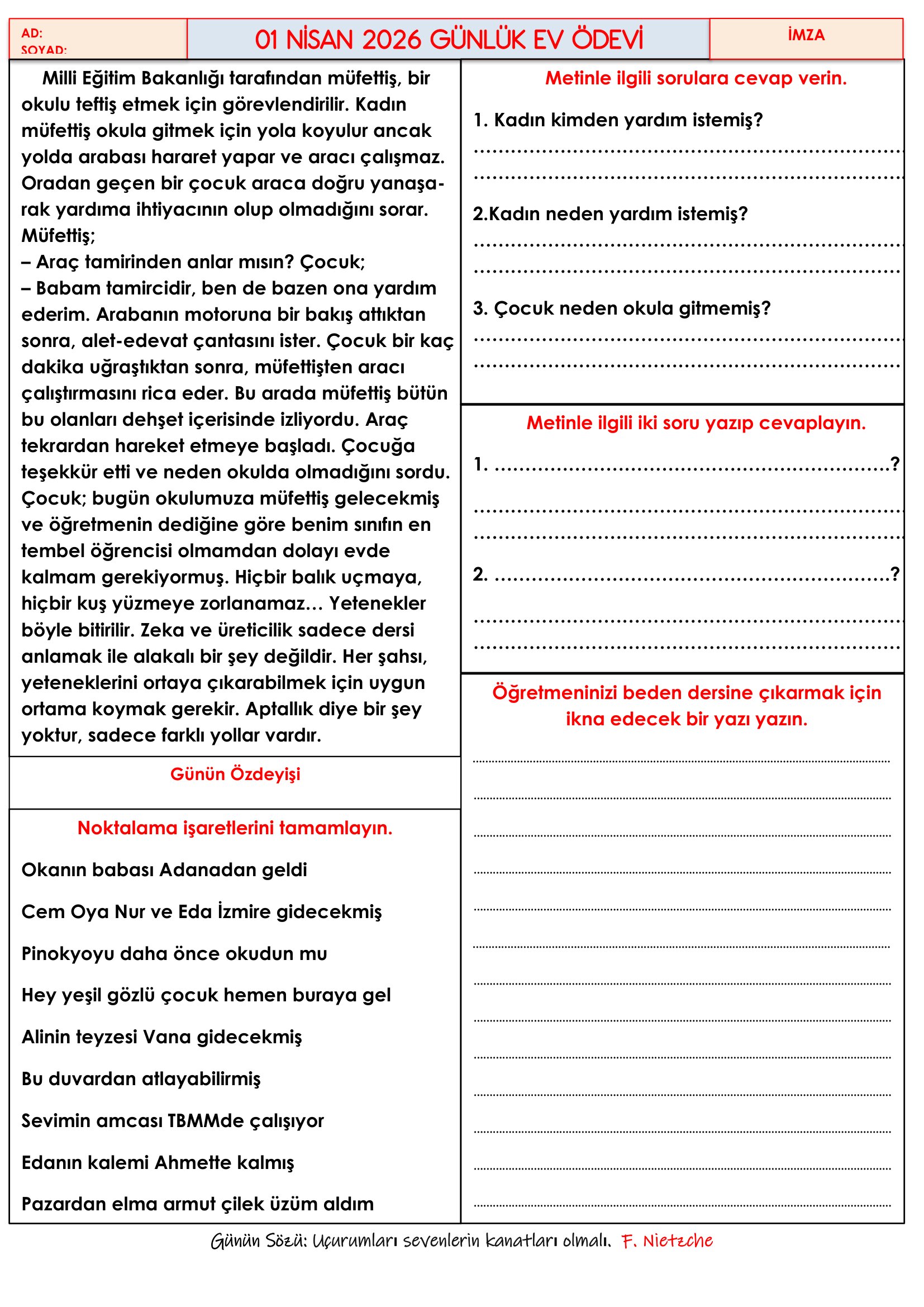 4.Sınıf - 01 Nisan 2026 Günlük Ev Ödevleri