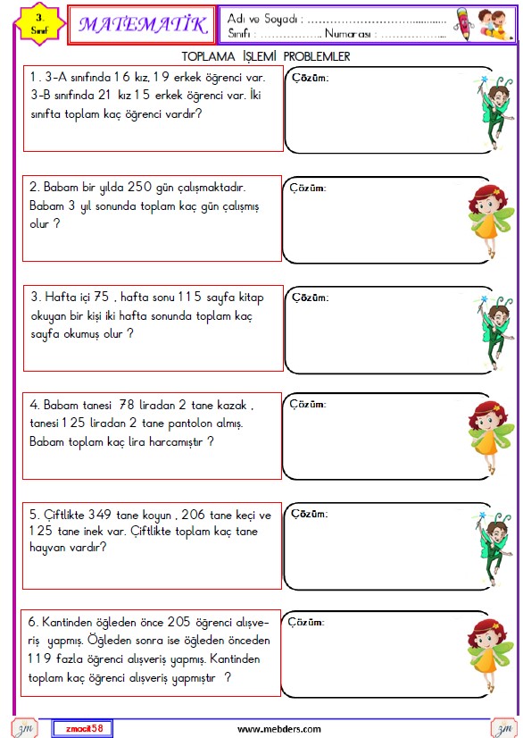 3. Sınıf Matematik  Toplama İşlemi Problemleri Etkinliği  3