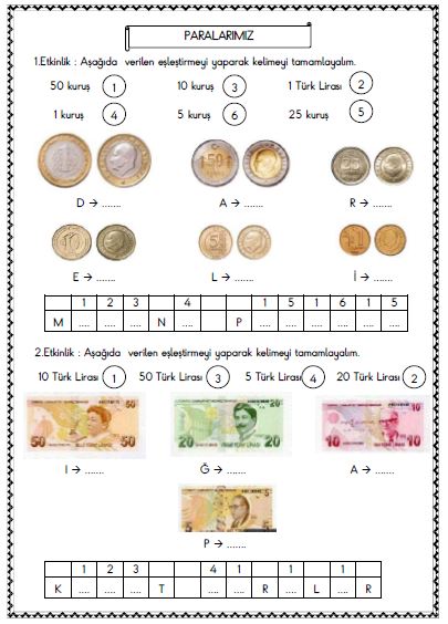 1. Sınıf Matematik Paralarımız Etkinliği