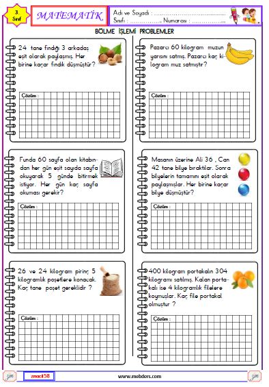 3. Sınıf Matematik Bölme İşlemi Problemleri Etkinliği 1