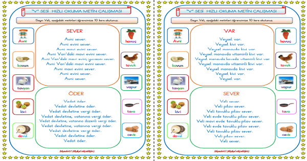 1. Sınıf İlk Okuma Yazma V Sesi Hızlı Okuma Metin Çalışması