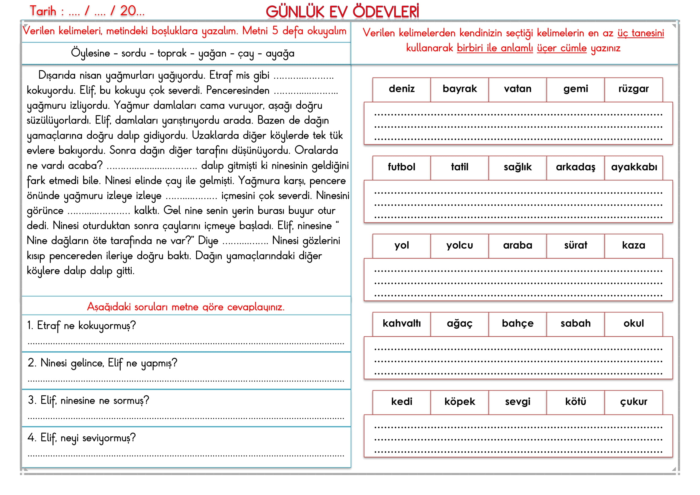 2.Sınıf 07 Mart 2025 Günlük Ev Ödevi