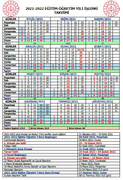 2021 - 2022 Eğitim Öğretim Yılı İşgünü Takvimi