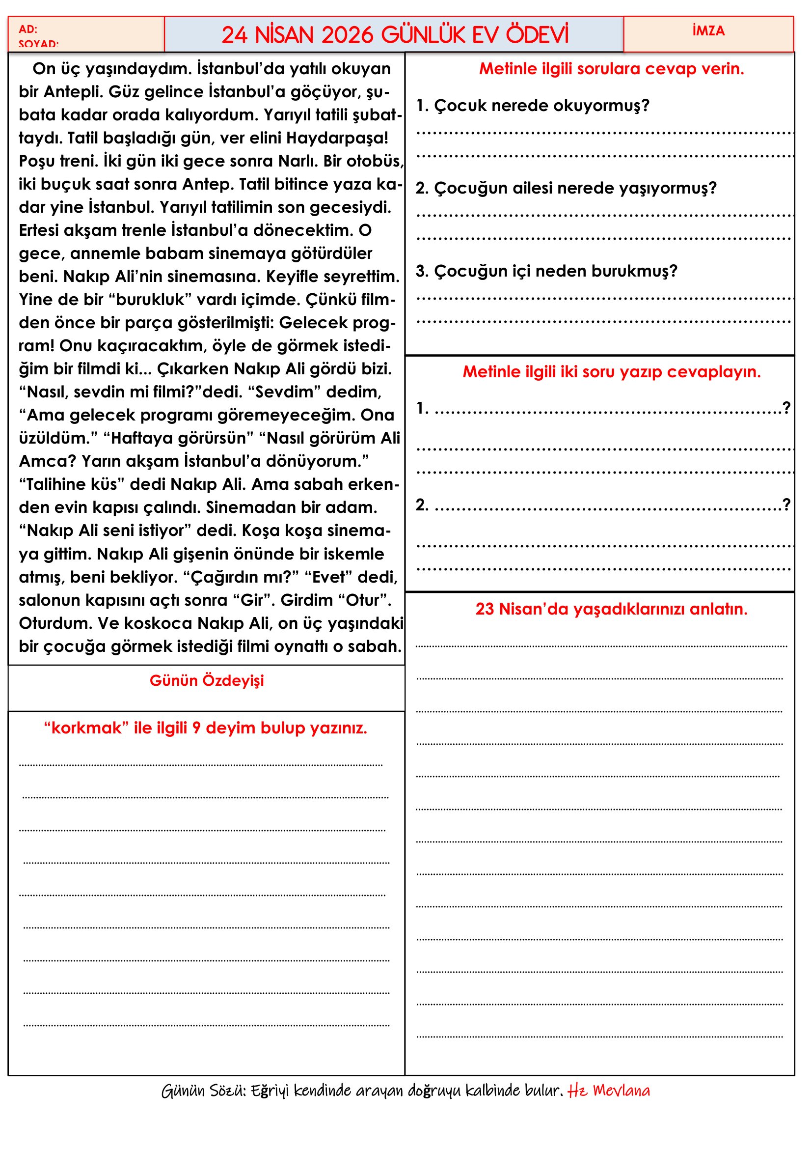 4.Sınıf - 24 Nisan 2026 Günlük Ev Ödevleri