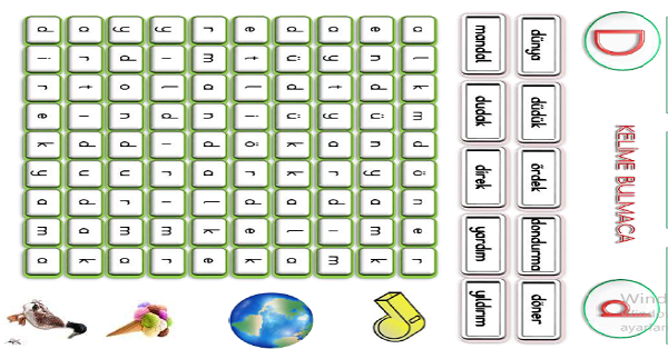 1.Sınıf İlk Okuma Yazma Iı-Dd Sesi Kelime Bulmaca Etkinliği