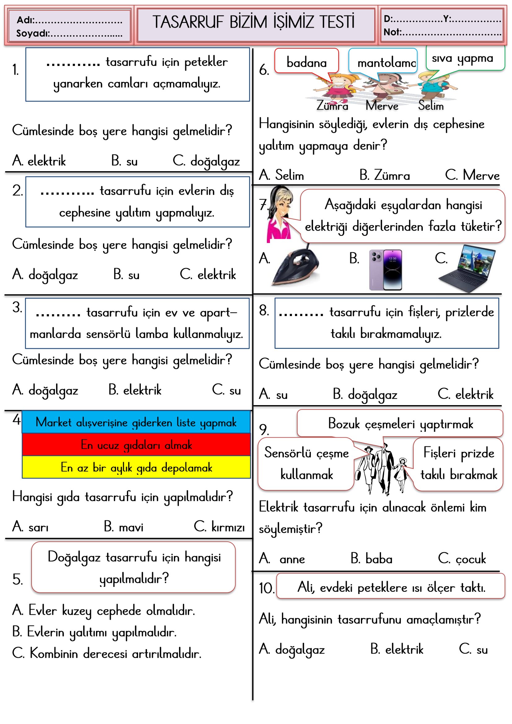 2.Sınıf Hayat Bilgisi  Tasarruf Bizim İşimiz Testi