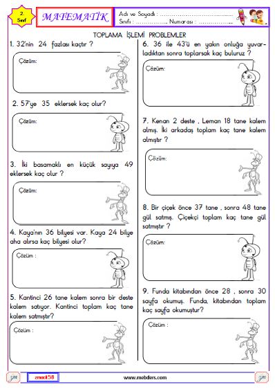 2. Sınıf Matematik Toplama İşlemi Problemler Etkinliği 2