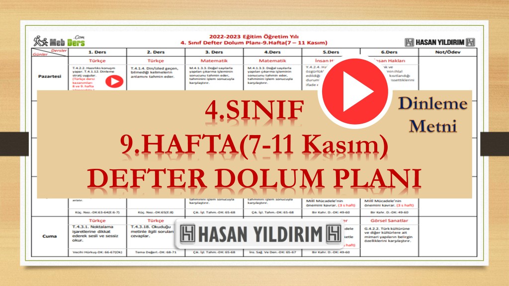 2022-2023 Eğitim Öğretim Yılı 4. Sınıf 9. Hafta (7-11 Kasım) Defter Dolum Planı