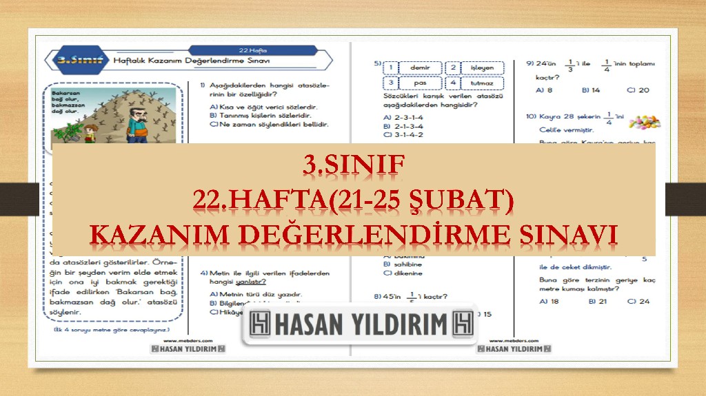 3.Sınıf Haftalık Değerlendirme Testi-22.Hafta(21-25 Şubat)