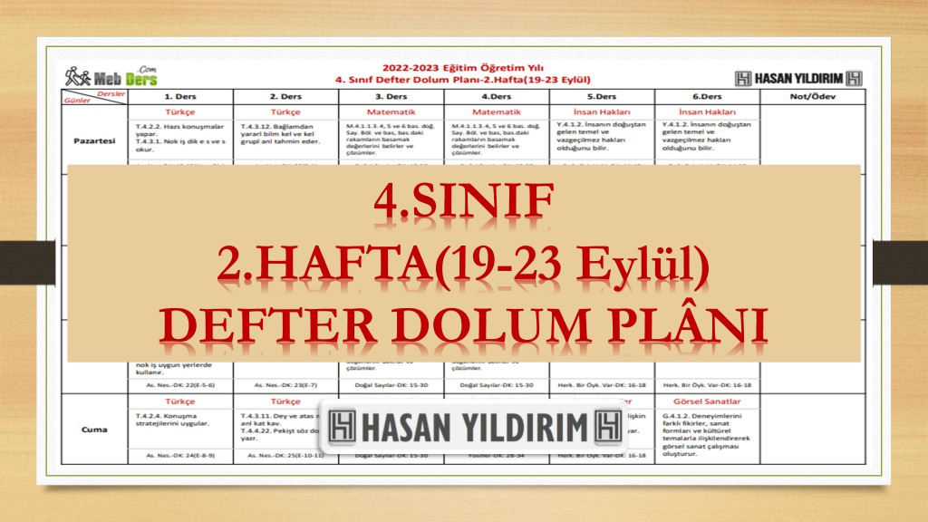 2022-2023 Eğitim Öğretim Yılı 4. Sınıf 2. Hafta (19-23 Eylül) Defter Dolum Planı