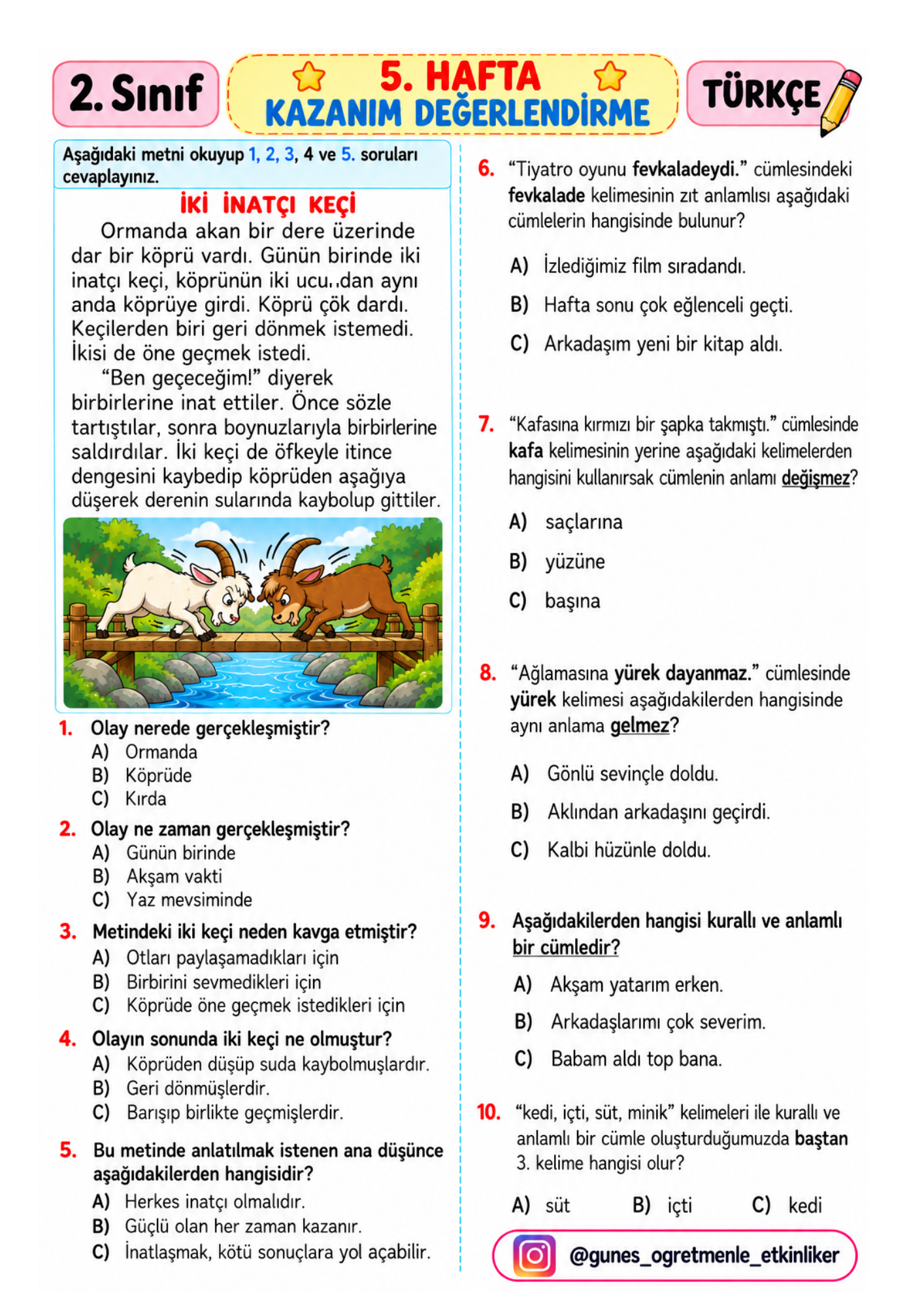 2.Sınıf 5. Hafta Kazanım Değerlendirme