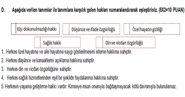 4.Sınıf İnsan Hakları Yurttaşlık ve Demokrasi Dersi 1.Dönem 2.Yazılı Sınavı