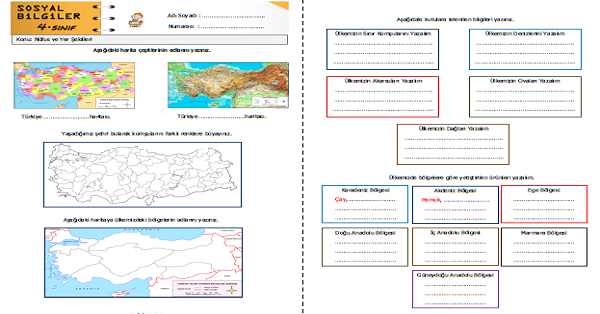 4. Sınıf Sosyal Bilgiler Nüfus ve Yer Şekilleri Etkinliği