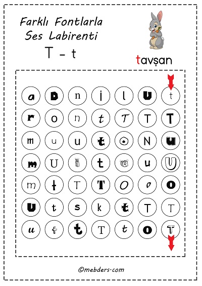 Farklı fontlarla ses labirenti - t sesi