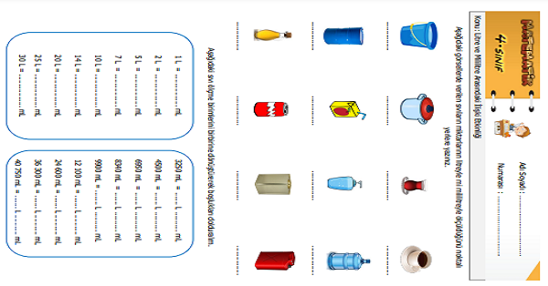 4.Sınıf Matematik Litre ve Mililitre Arasındaki İlişki Etkinliği 2