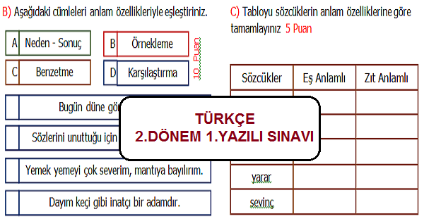 4.Sınıf Türkçe 2.Dönem 1.Yazılı Sınavı