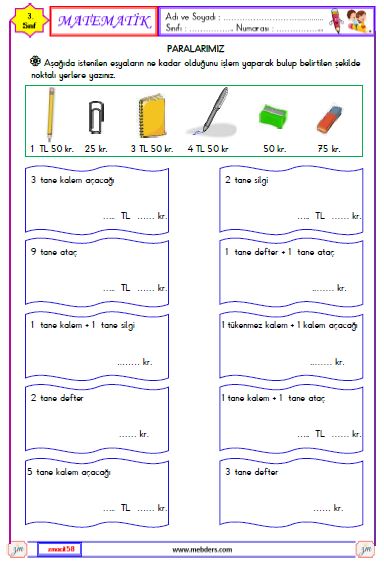 3. Sınıf Matematik Paralarımız Etkinliği 3