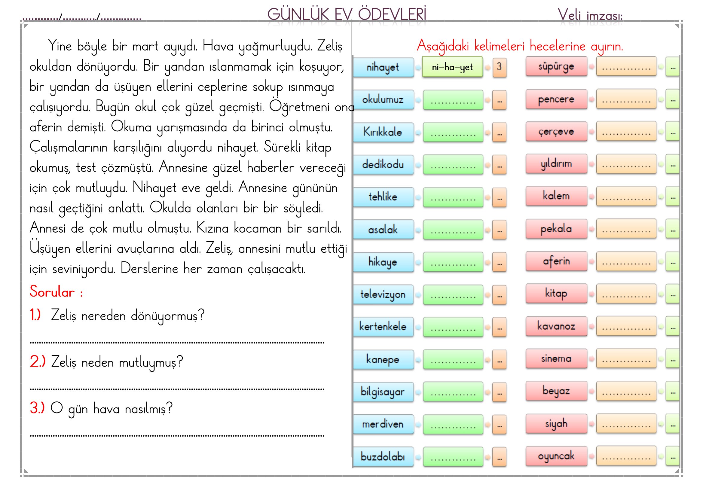 1.Sınıf - 12 Mart 2026 Günlük Ev Ödevleri