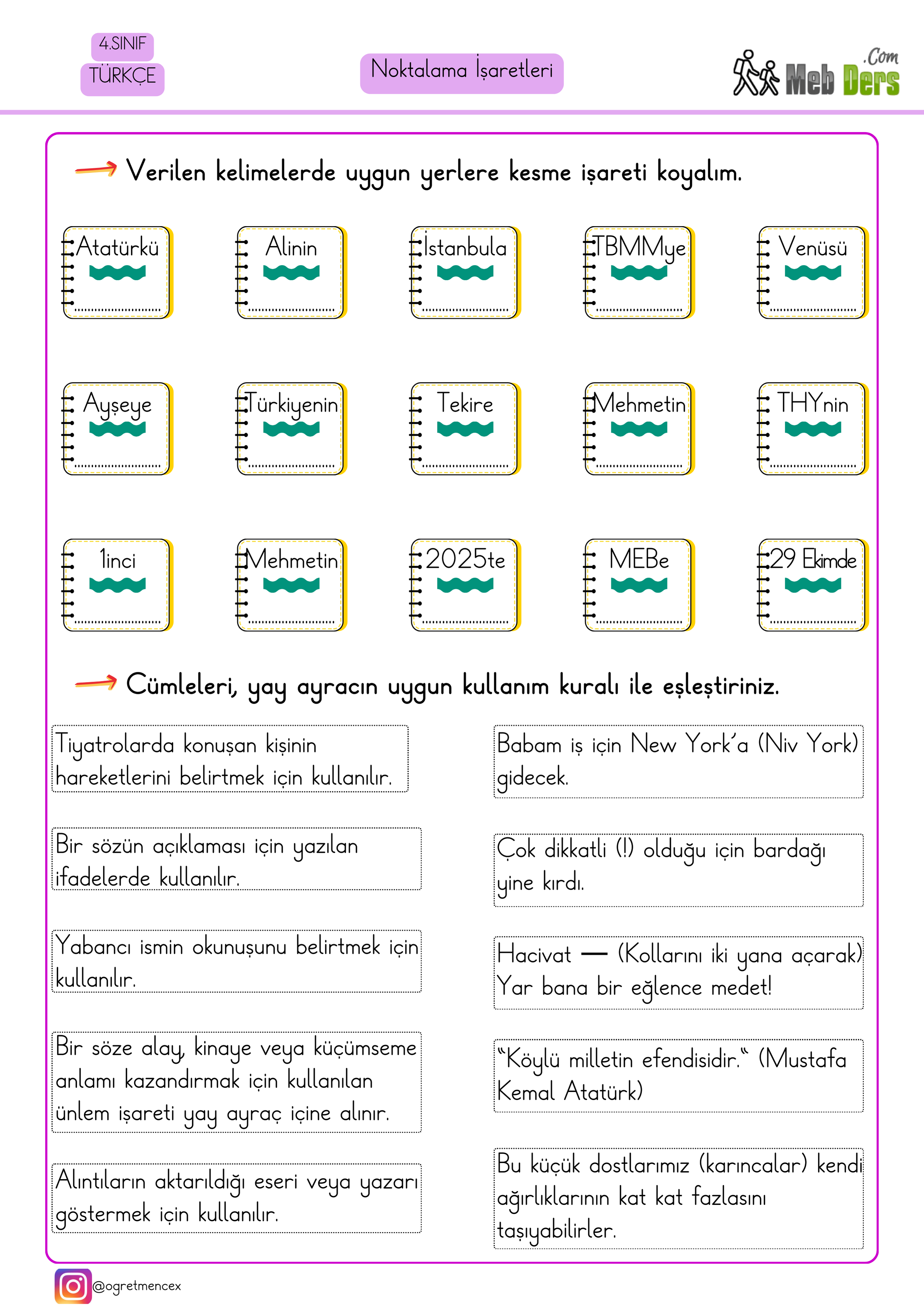 4. Sınıf Türkçe Noktalama İşaretleri (Kesme İşareti ve Yay Ayraç) Çalışma Sayfası