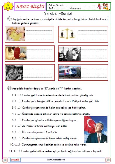 3. Sınıf Hayat Bilgisi Ülkemizin Yönetim Şekli Etkinliği