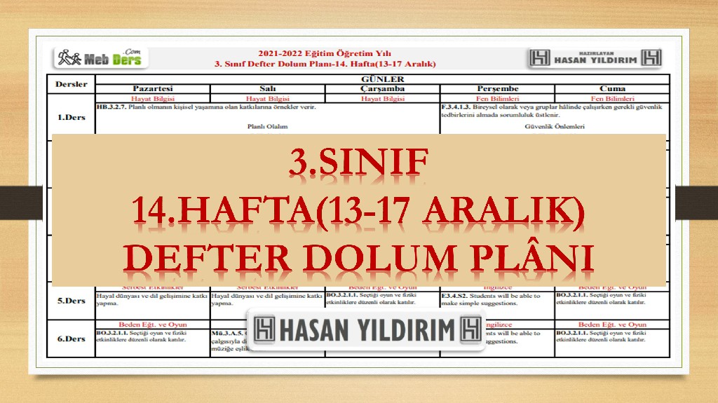 3.Sınıf 14.Hafta(13-17 Aralık) Defter Dolum Planı