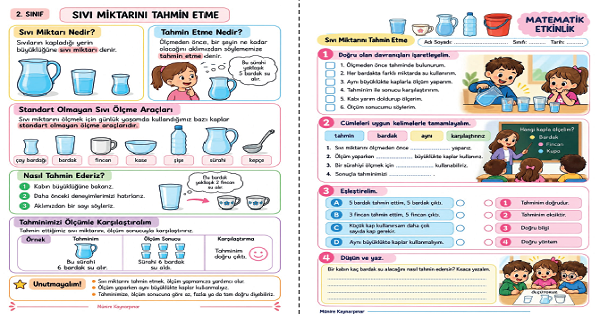 2. Sınıf Matematik Sıvı Ölçme Etkinlikleri 5 Sayfa