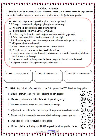 2. Sınıf Hayat Bilgisi Deprem  Etkinliği