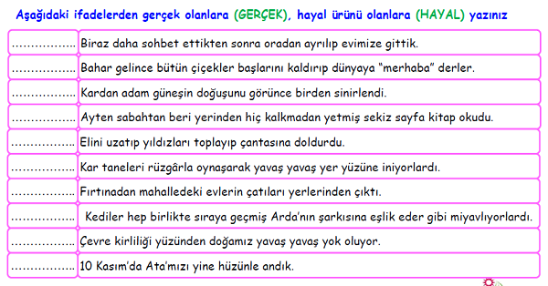 4.Sınıf Türkçe Gerçek ve Hayal Ürünü İfadeler Etkinliği