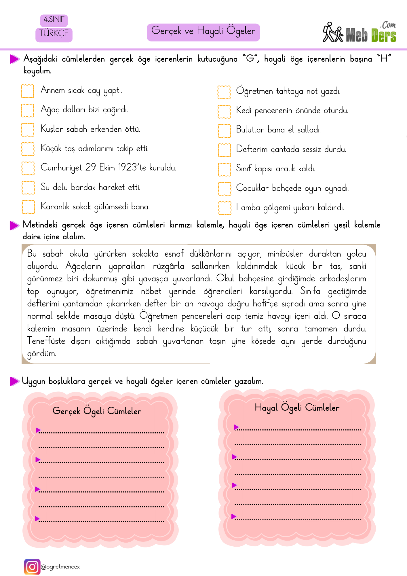 4. Sınıf Türkçe Gerçek ve Hayal Ürünü İfadeler Etkinliği