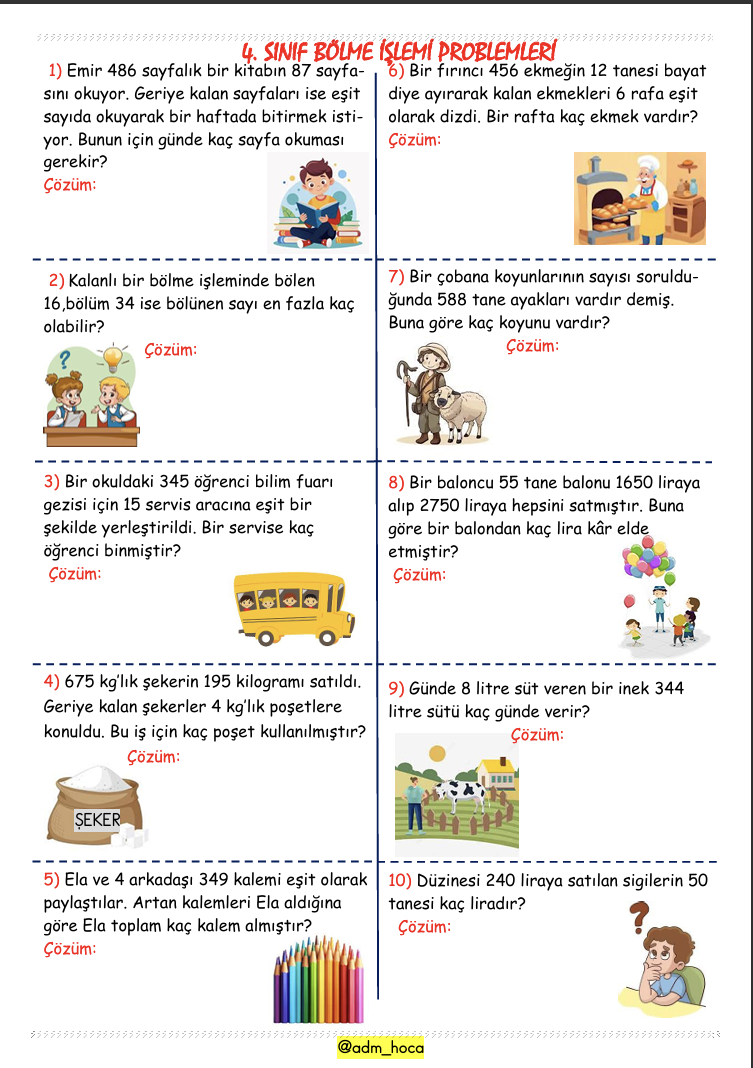 4. Sınıf - Matematik - Bölme İşlemi Problemleri