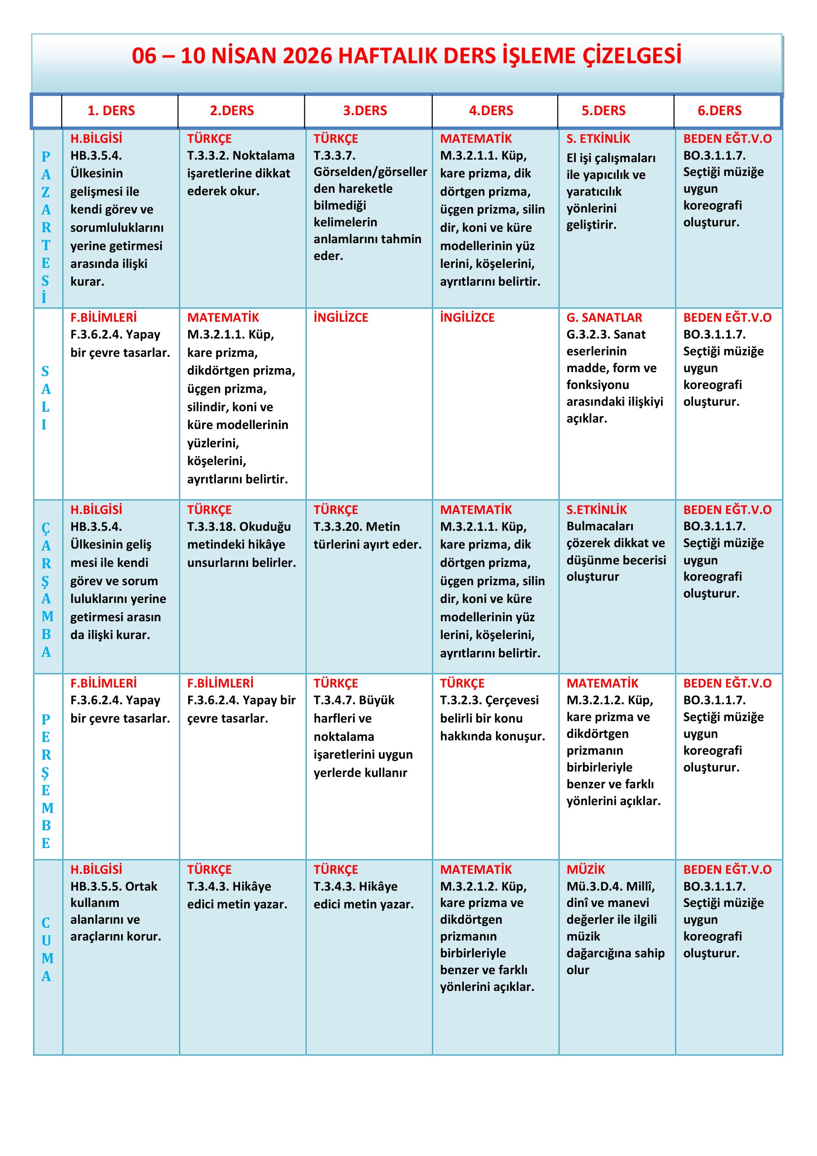 3.Sınıf 06 - 10 Nisan 2026 Haftalık Ders İşleme Çizelgesi.doc