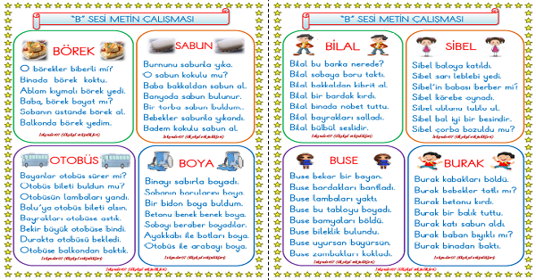 1. Sınıf İlk Okuma Yazma B-b Sesi Metin Okuma Çalışması