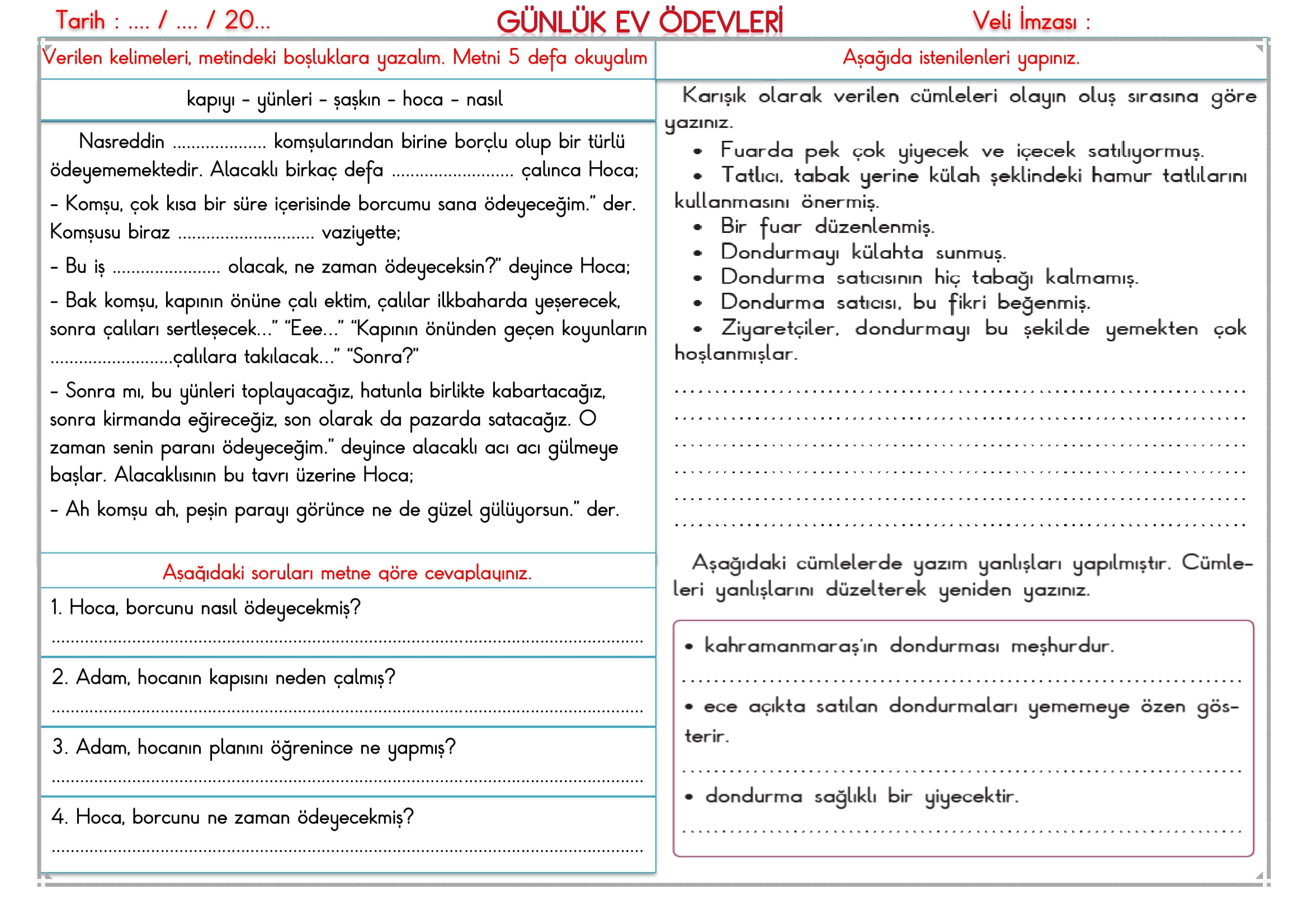 2.Sınıf - 07 Ocak 2026 Günlük Ev Ödevleri
