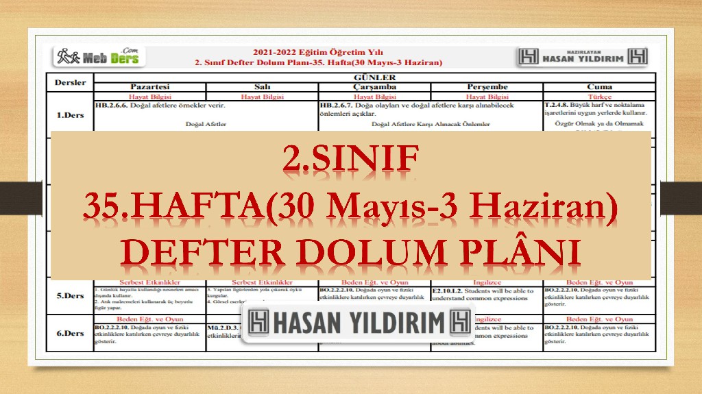 2.Sınıf 35.Hafta(30 Mayıs-3 Haziran) Defter Dolum Planı