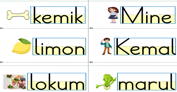 1. Sınıf İlk Okuma Yazma M-m Sesi İpe Asılacak Hece Kelime Fiş Çalışması