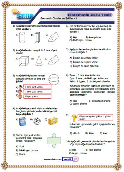 3. Sınıf Matematik Geometrik Cisimler ve Şekiller Kazanım Testi ( Zoru )