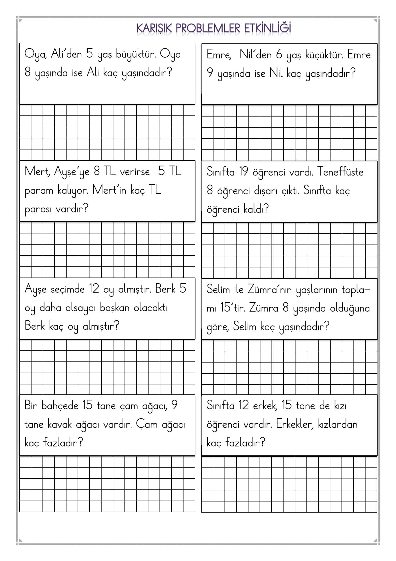 1.Sınıf Matematik Karışık Problemler Etkinliği