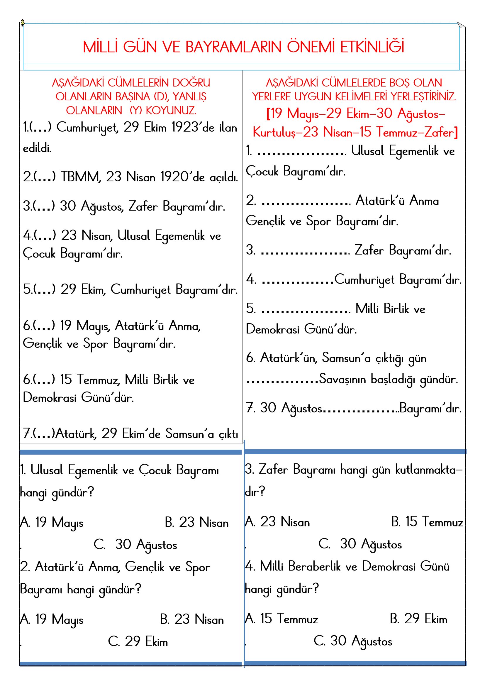 2.Sınıf - Hayat Bilgisi Milli Gün ve Bayramların Önemi Etkinliği