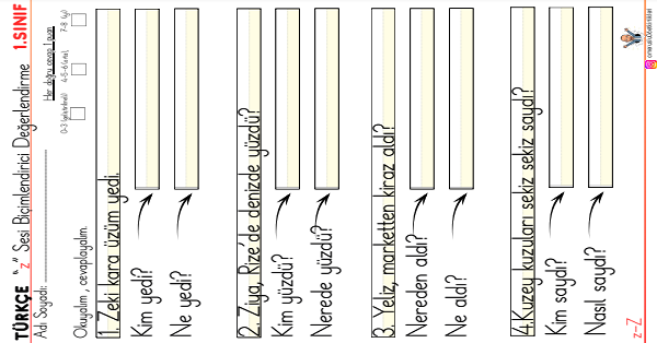 1. Sınıf İlk Okuma Yazma Z Sesi 5N 1K Değerlendirme