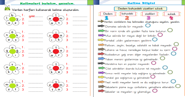 1.Sınıf Türkçe Kelime Oluşturma ve Kelime Sayısı