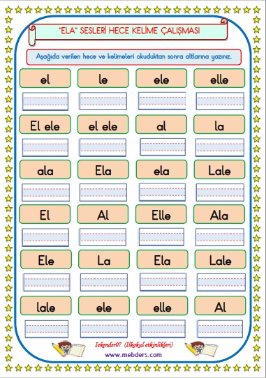 1.Sınıf  ELA  Sesleri Hece Kelime Okuma Yazma Çalışması